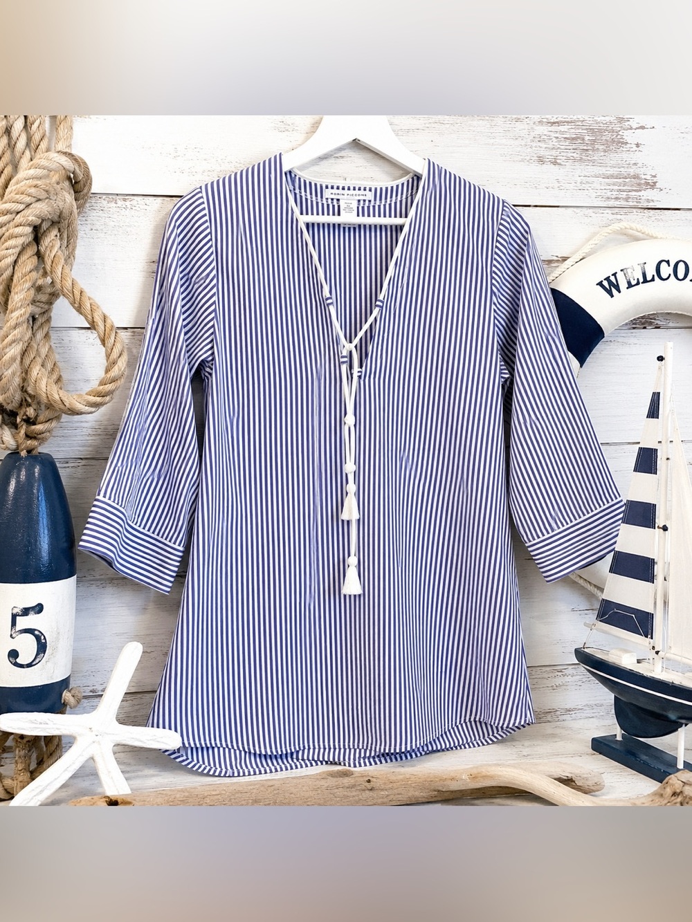 Robin Piccone Blue White Striped Cotton Lace-Up Tunic Cover Up S NWOT